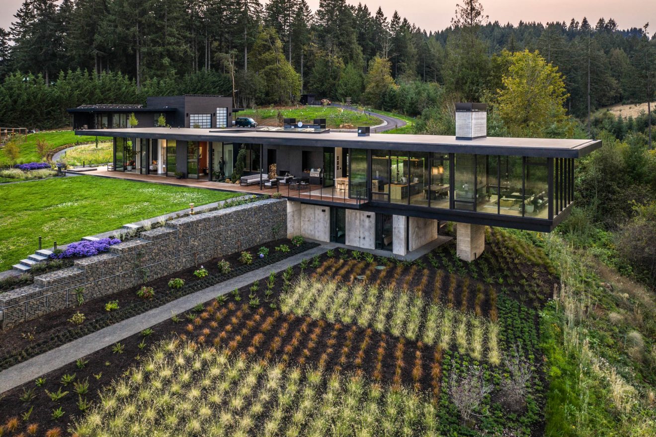 Overlooking an aerial view of the residence.