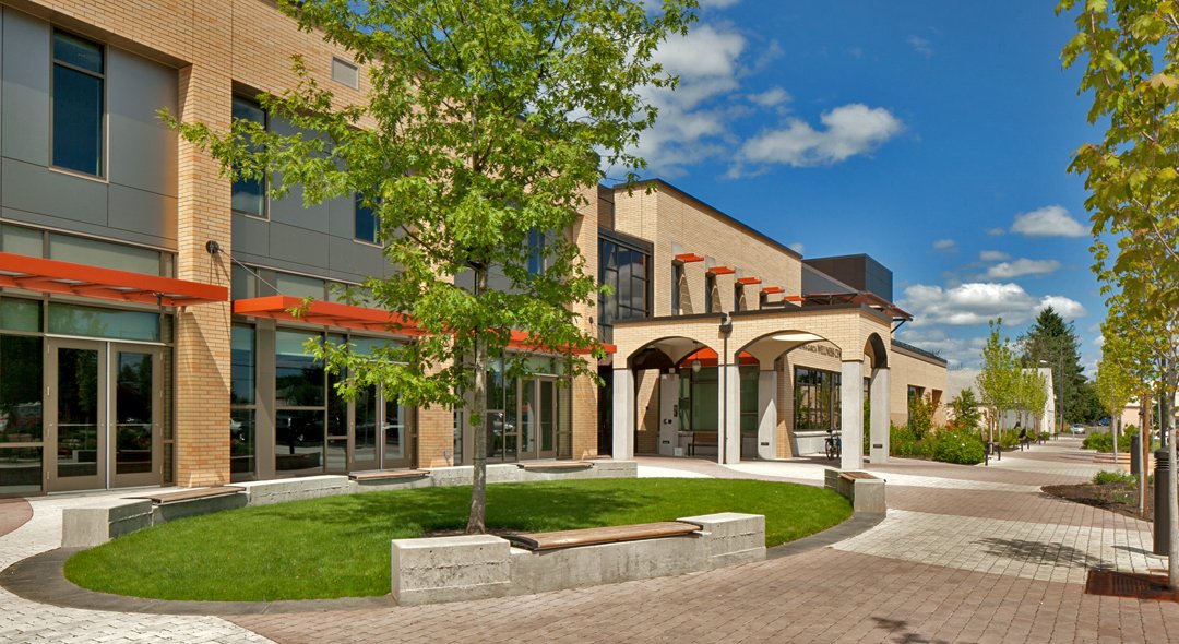 Benches and plantings outside Virginia Garcia Medical Center